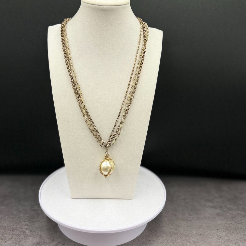 Vintage Gold-Tone Chain Necklace w/ Faux Pearl Drop Layered Statement